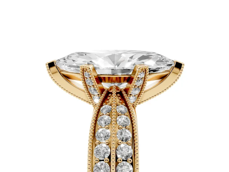 Marquise Cut Diamond Solitaire Ring Set in Yellow gold with Milgrain Double Row Round Pavé Band