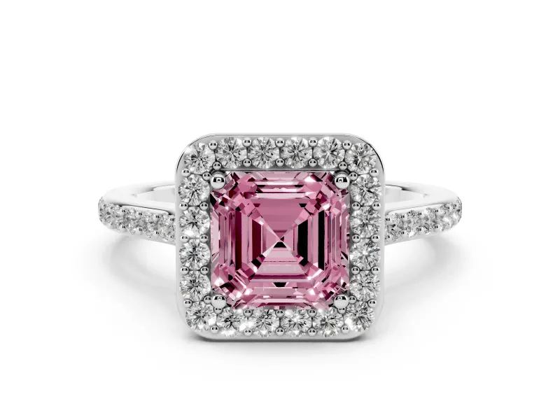 Fancy Pink Asscher Cut Diamond Halo Engagement Ring Set in White gold with Round Pavé Shoulders and Heart Gallery