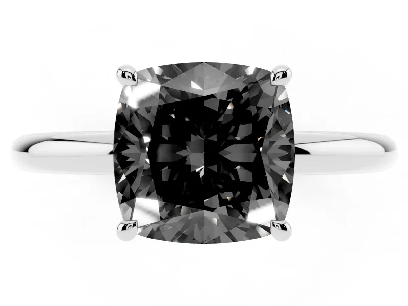 Fancy Black Cushion Cut Diamond Solitaire Ring Set in Silver with Thin Band and Prong Setting