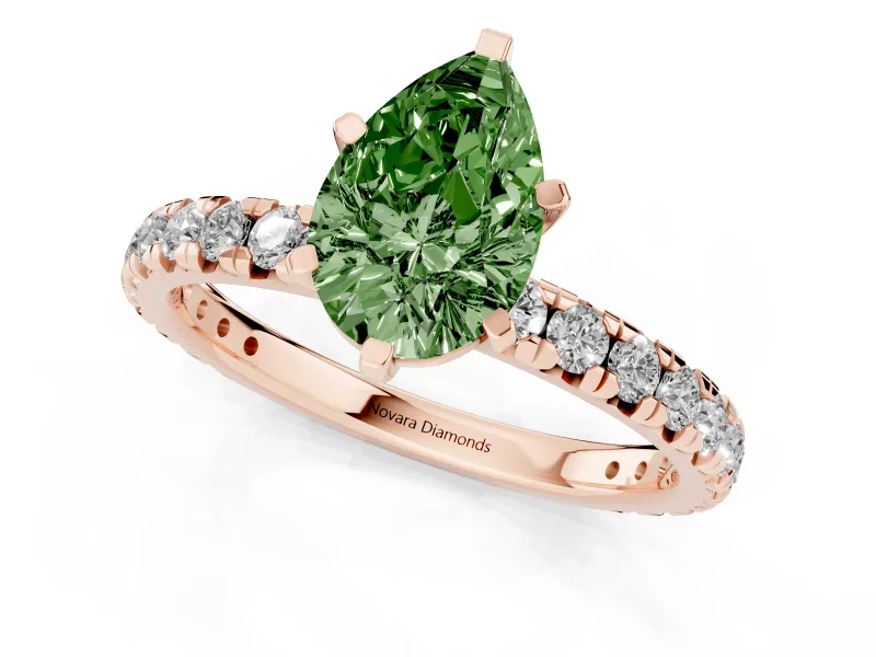 Fancy Green Pear Cut Diamond Pavé Solitaire Ring Set in Rose gold with Round Band and Prong Setting