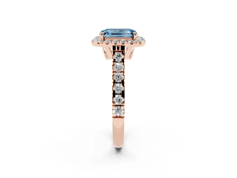 Emerald Cut Accented Halo Engagement Ring Setting for a Fancy Blue Lab-Grown Diamond | Rose Gold