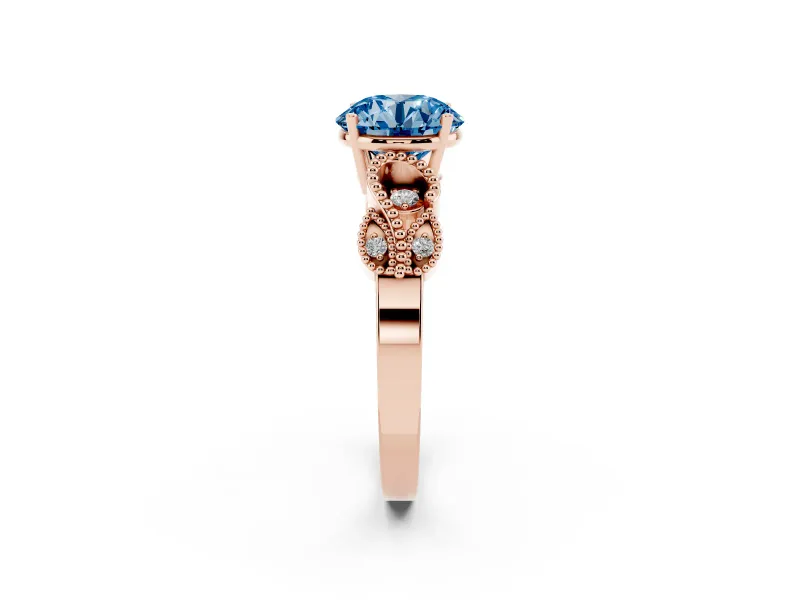 Round Vintage Leaf Solitaire Engagement Ring Setting for a Fancy Blue Lab-Grown Diamond | Rose Gold