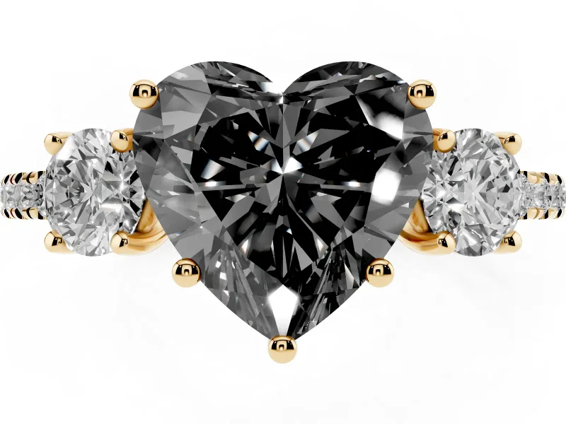 Fancy Black Heart Cut Diamond Three-Stone Ring Set in Yellow gold with Pavé Band and Graduated Sides