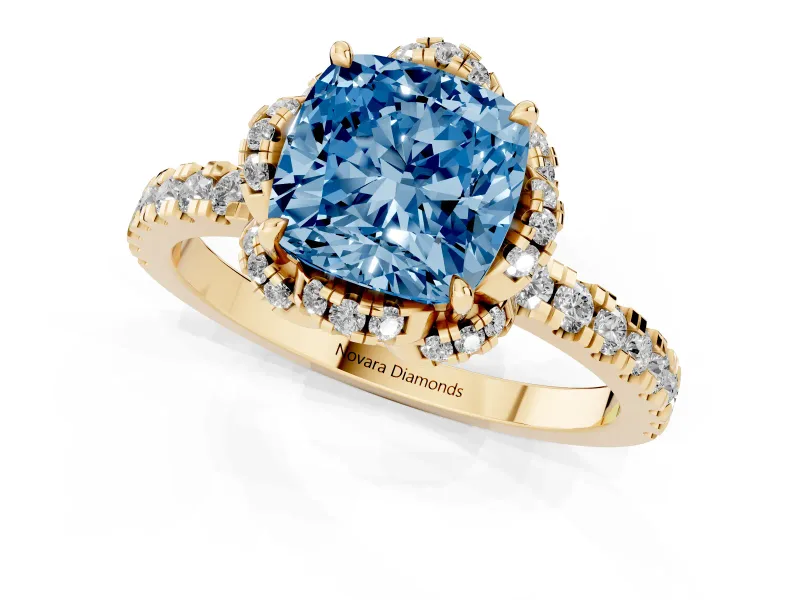 Cushion Cut Floral Petal Halo Engagement Ring Setting for a Fancy Blue Lab-Grown Diamond | Pavé Band | Yellow Gold