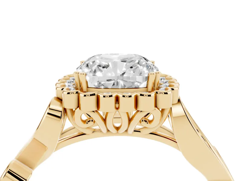 Cushion Cut Vintage Leaf Halo Engagement Ring Setting | Graduated Vine Shank | Yellow Gold