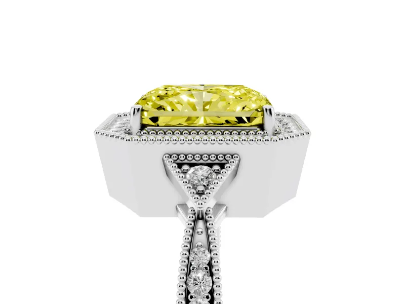 Radiant Cut Milgrain Halo Engagement Ring Setting for a Fancy Yellow Lab-Grown Diamond | Graduated Pavé | Platinum