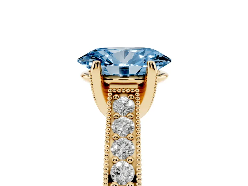 Oval Vintage Hidden Halo Engagement Ring Setting for a Fancy Blue Lab-Grown Diamond | Milgrain Pave Band | Yellow Gold