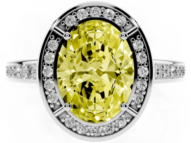 Fancy Yellow Oval Cut Diamond Halo Pavé Split Shank Ring Set in White gold with Prong Setting