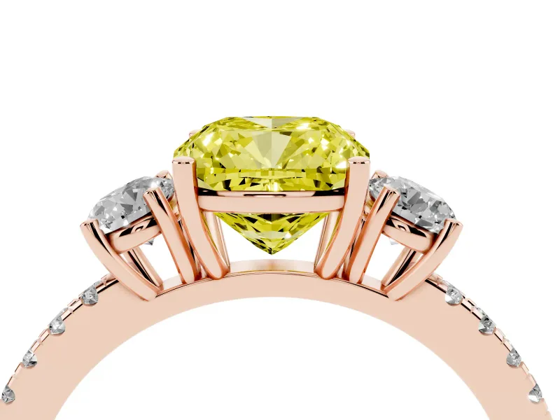Cushion Cut Three Stone Engagement Ring Setting for a Fancy Yellow Lab-Grown Diamond | Pave Shoulders | Rose Gold