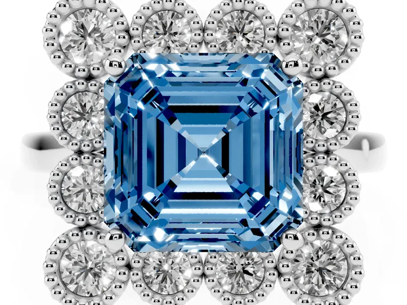 Asscher Cut Milgrain Cluster Halo Engagement Ring Setting for a Fancy Blue Lab-Grown Diamond | Plain Band | Platinum