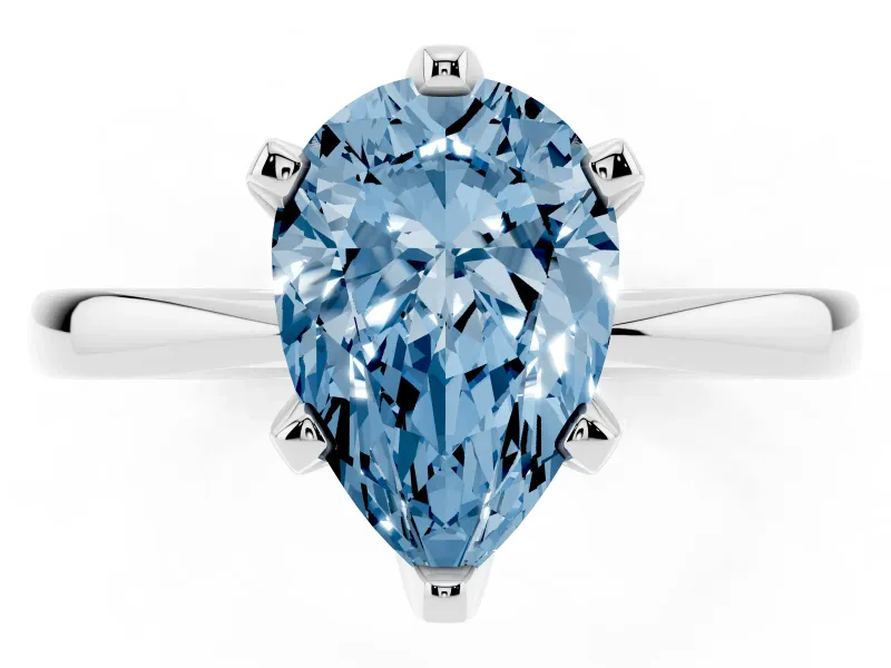 Fancy Blue Pear Cut Diamond Solitaire Engagement Ring Set in White gold with Slim Tapered Solitaire Band