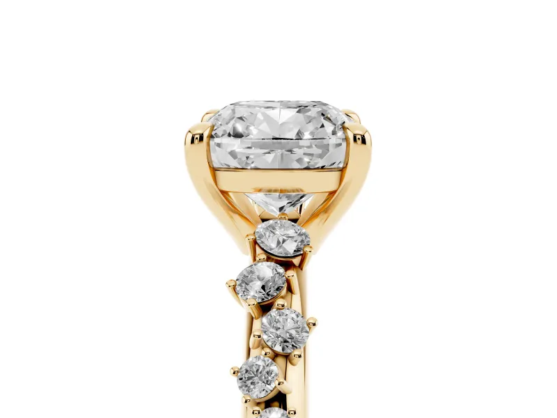 Cushion Cut Graduated Accent Engagement Ring Setting | Scattered Shoulders | Yellow Gold