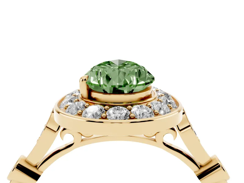 Pear-Shaped Halo Engagement Ring Setting for a Fancy Green Lab-Grown Diamond | Bezel Station Shoulders | Yellow Gold