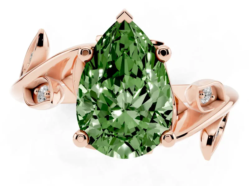 Fancy Green Pear Cut Diamond Solitaire Twist Engagement Ring Set in Rose gold with Pavé Leaf Accents