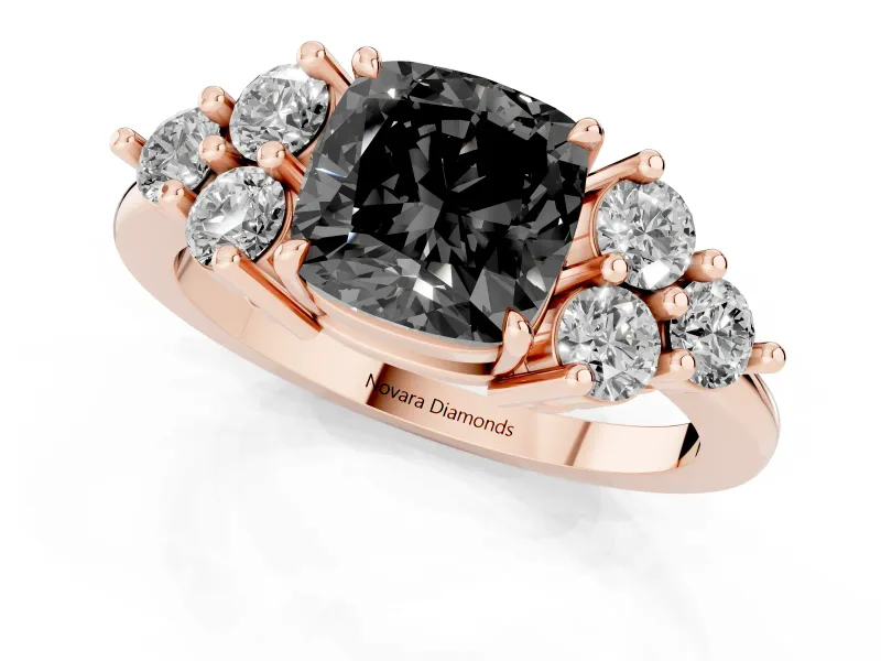 Cushion Cut Cluster Side Stone Engagement Ring Setting for a Black Center | Plain Band | Rose Gold