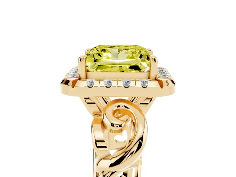 Fancy Yellow Princess Cut Diamond Halo Ring Set in Yellow gold with Scrollwork Band and Prong Setting