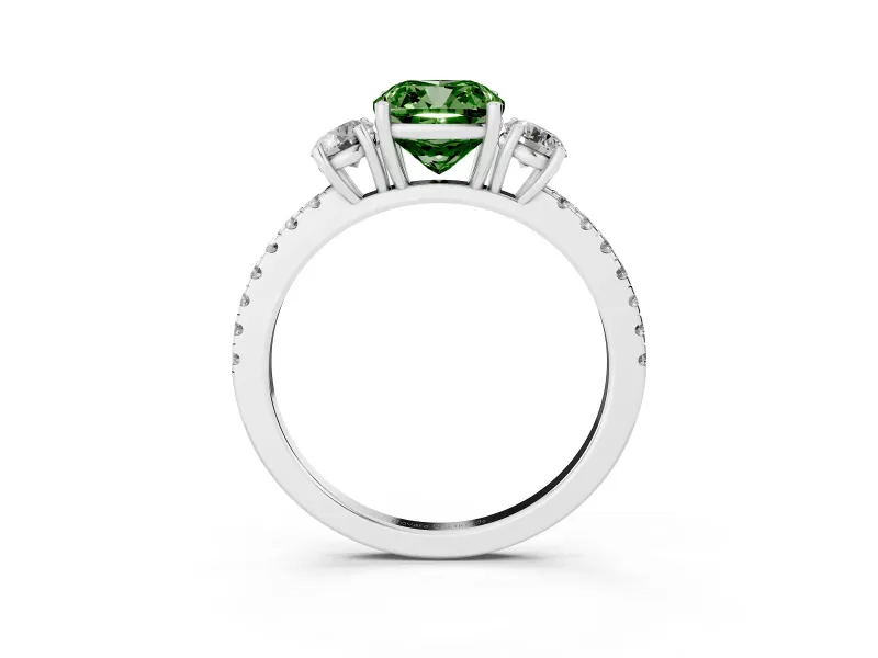Cushion Cut Three Stone Engagement Ring Setting for a Fancy Green Lab-Grown Diamond | Pave Shoulders | White Gold