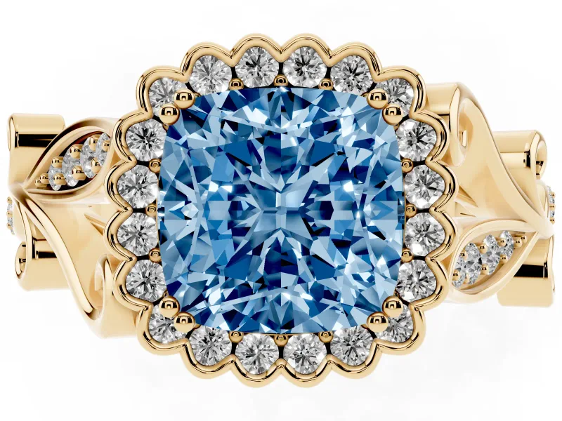 Cushion Cut Leaf Halo Engagement Ring Setting for a Fancy Blue Lab-Grown Diamond | Yellow Gold