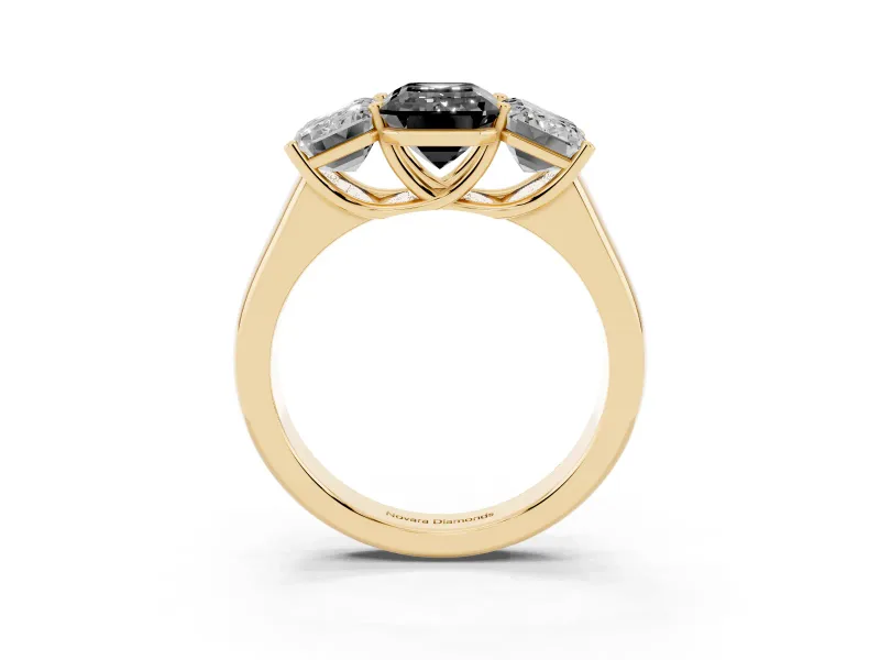 Fancy Black Emerald Cut Diamond Three-Stone Ring Set in Yellow gold with Plain Polished Band