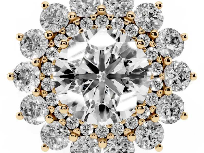 Round Floral Double Halo Engagement Ring Setting | Plain Band | Yellow Gold