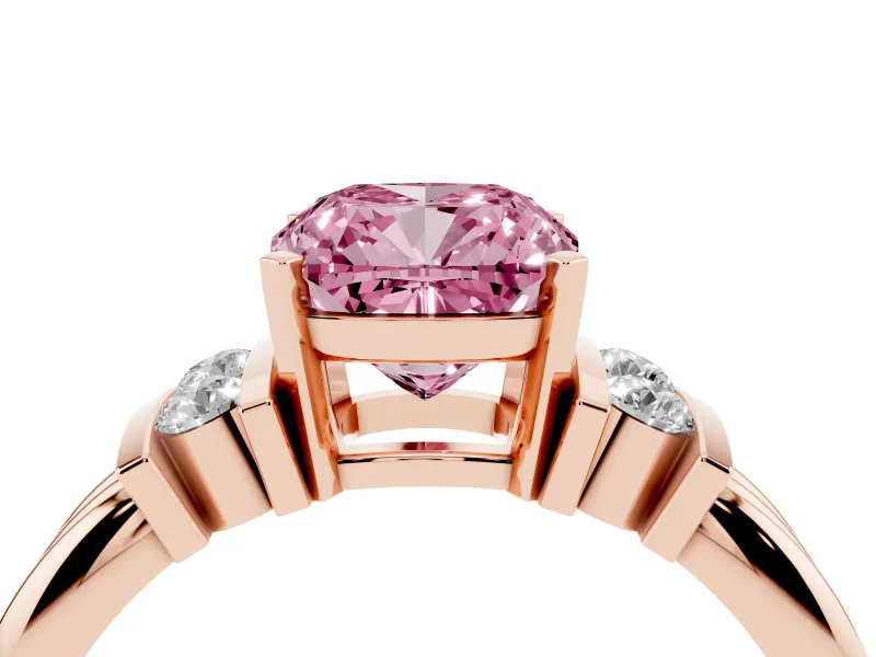 Fancy Pink Three-Stone Cushion Cut Diamond Channel Set Ring Set in Rose gold with Bar Prongs