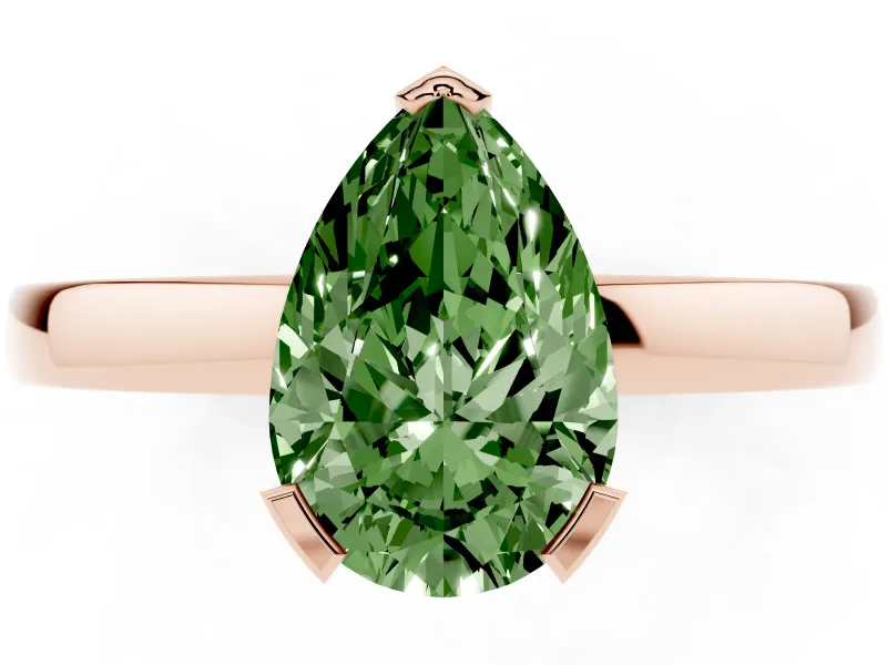 Fancy Green Pear Cut Diamond Solitaire Ring Set in Rose gold with Prong Head and Smooth Polished Band