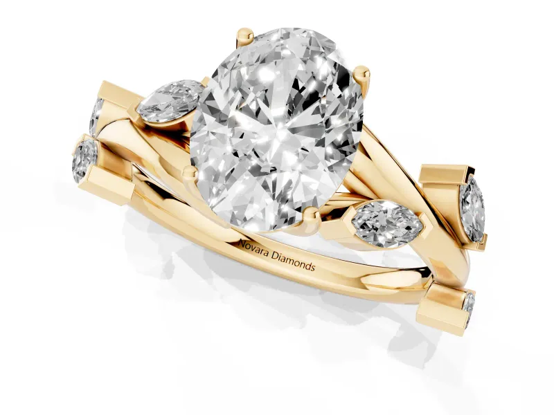 Oval Cut Diamond Solitaire Ring Set in Yellow gold with Twisted Marquise Accent Band