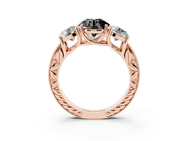 Round Vintage Three Stone Engagement Ring Setting for a Black Center | Rose Gold