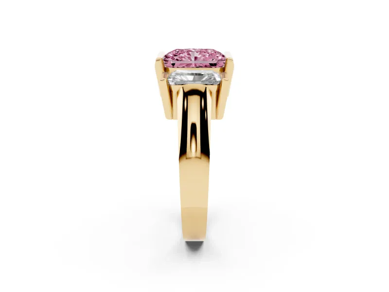 Radiant Cut Channel-Set Three Stone Engagement Ring Setting for a Fancy Pink Lab-Grown Diamond | Yellow Gold