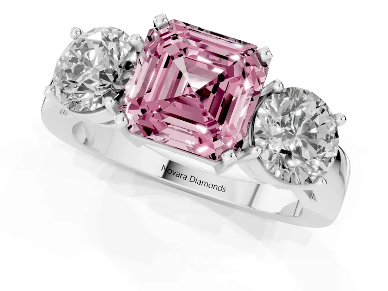 Asscher Cut Three Stone Engagement Ring Setting for a Fancy Pink Lab-Grown Diamond | Wide Plain Band | Platinum