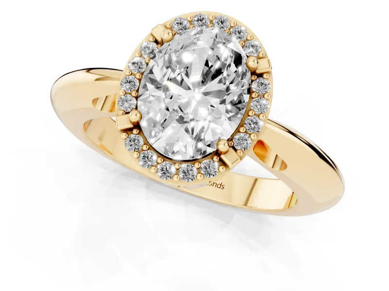 Oval Cut Diamond Halo Engagement Ring Set in Yellow gold with Plain Split Shank and Prong Setting