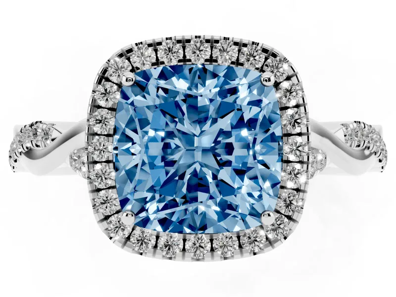 Cushion Cut Twist Halo Engagement Ring Setting for a Fancy Blue Lab-Grown Diamond | Platinum