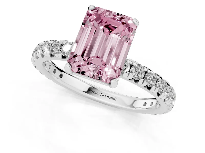 Fancy Pink Emerald Cut Diamond Pavé Solitaire Ring Set in White gold with Round Band and Prong Setting
