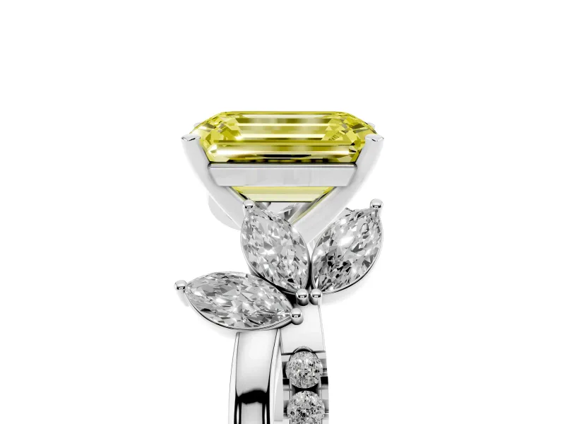 Fancy Yellow Emerald Cut Diamond Floral Vine Solitaire Engagement Ring Set in Platinum with Marquise Leaves