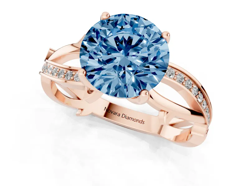 Fancy Blue Round Cut Diamond Pavé Twist Band Solitaire Ring Set in Rose gold with Prong Setting