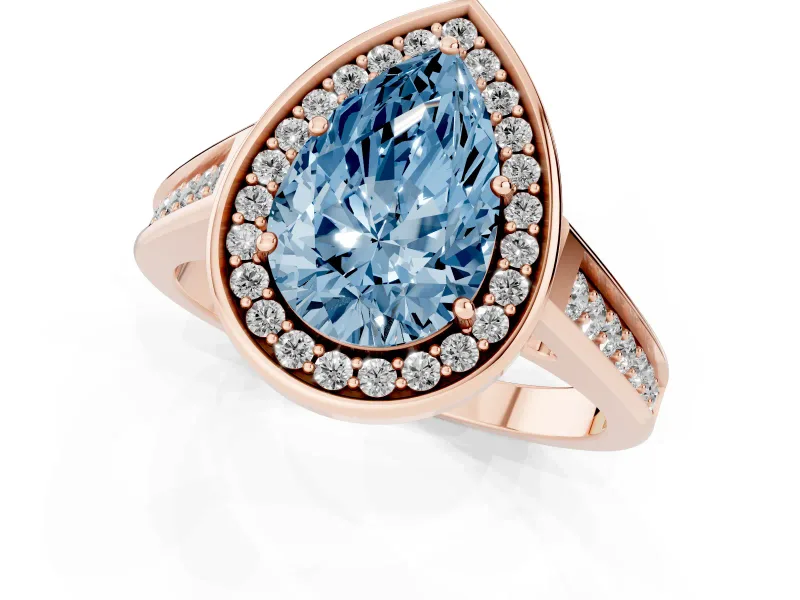 Fancy Blue Pear Cut Diamond Halo Solitaire Ring Set in Rose gold with Pavé Band and Bezel Setting
