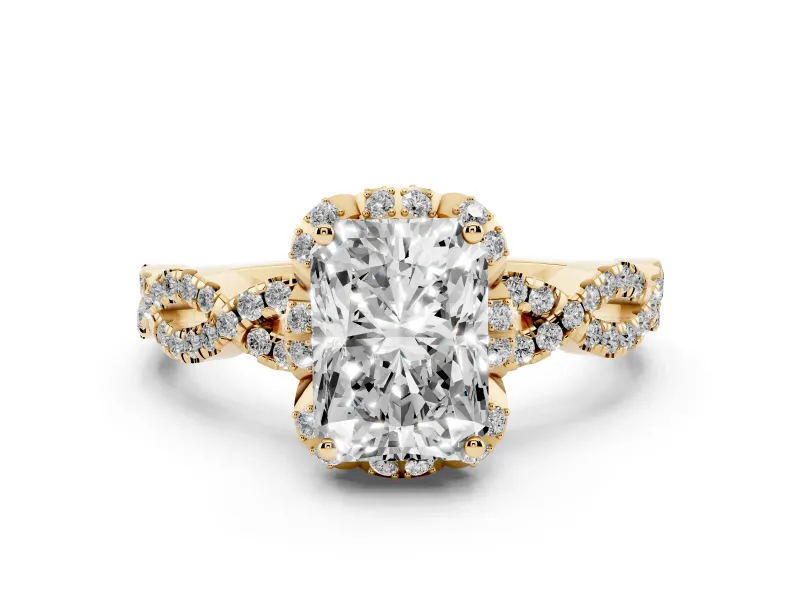 Radiant Cut Diamond Halo Twist Band Solitaire Ring Set in Yellow gold with Prong-Set Center Stone