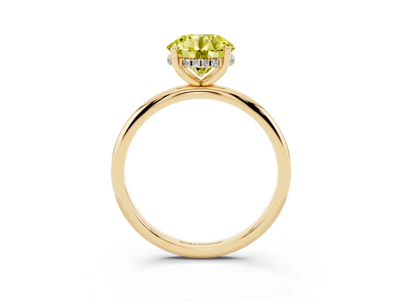Fancy Yellow Round Cut Diamond Solitaire Engagement Ring Set in Yellow gold with Prong Setting and Polished Band