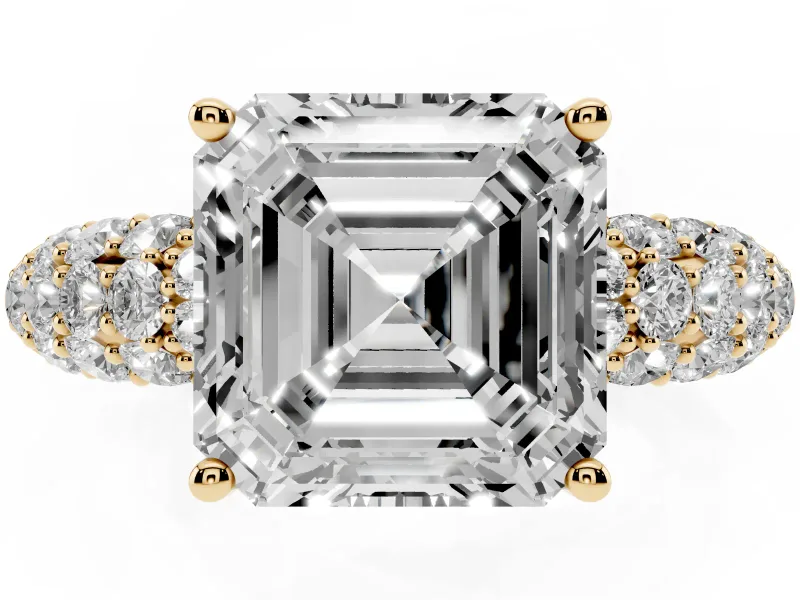 Asscher Cut Multi Row Pave Solitaire Engagement Ring Setting | Domed Shoulders | Yellow Gold