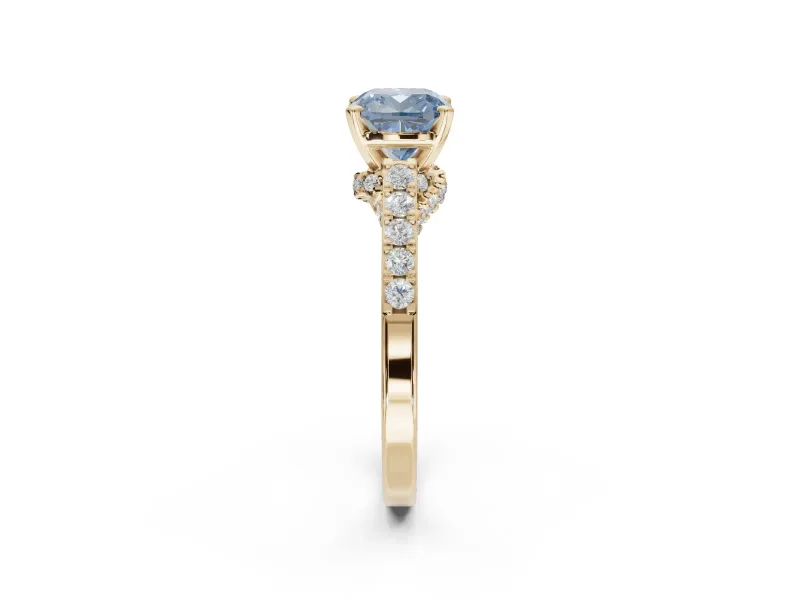 Cushion Cut Pavé Solitaire Engagement Ring Setting for a Fancy Blue Lab-Grown Diamond | Crossover Gallery | Yellow Gold