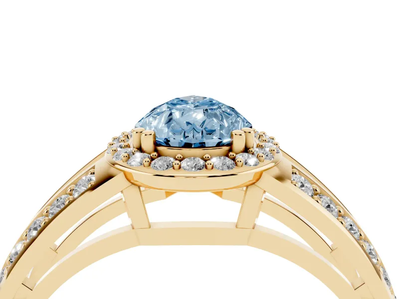 Pear-Shaped Halo Engagement Ring Setting for a Fancy Blue Lab-Grown Diamond | Two-Row Pave Split Shank | Yellow Gold
