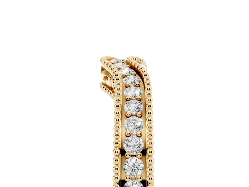 Round Diamond Curved Milgrain Band Set in Yellow gold with Pavé Row