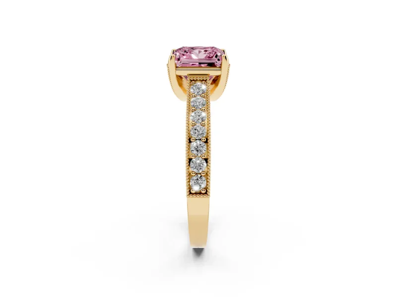 Princess Cut Hidden Halo Engagement Ring Setting for a Fancy Pink Lab-Grown Diamond | Milgrain Pave | Yellow Gold