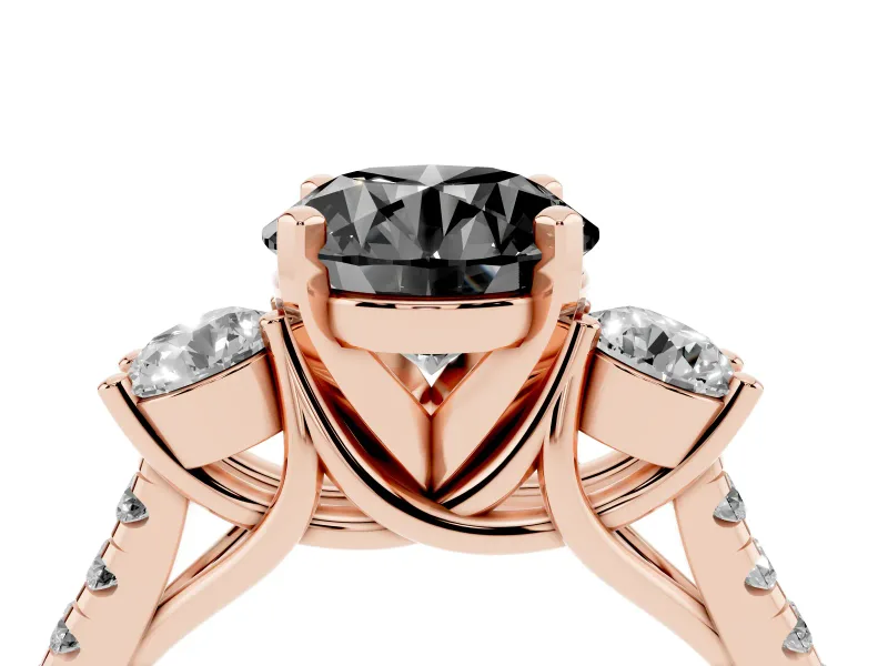 Fancy Black Three-Stone Round Cut Diamond Pavé Band Ring Set in Rose gold with Prong-Set Trio