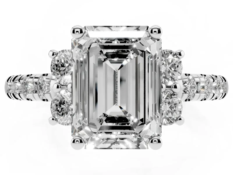 Emerald Cut Side Stone Pave Engagement Ring Setting | Paired Round Accents | Platinum