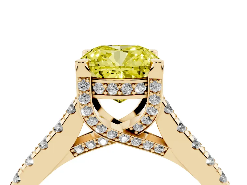 Cushion Cut Hidden Halo Pave Engagement Ring Setting for a Fancy Yellow Lab-Grown Diamond | Claw Prongs | Yellow Gold