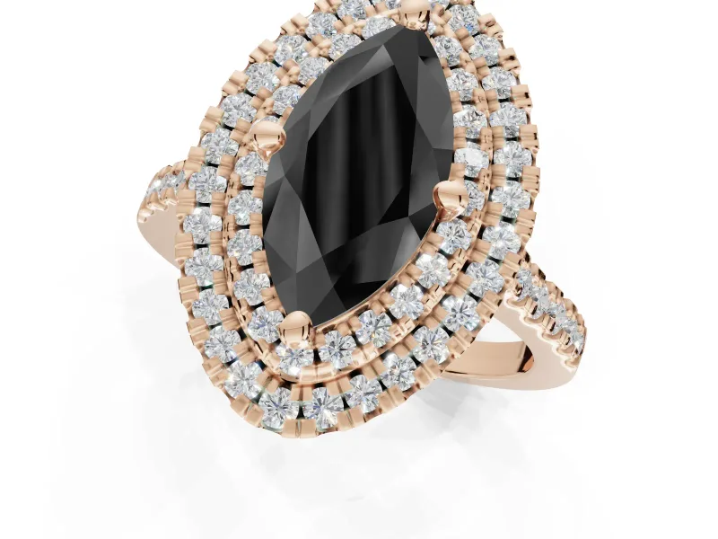 Fancy Black Marquise Lab-Grown Diamond Double Halo Statement Ring Set in Rose Gold with Pavé Band