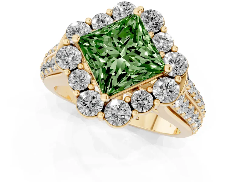 Fancy Green Princess Cut Diamond Halo Engagement Ring Set in Yellow gold with Split Shank and Prong Setting