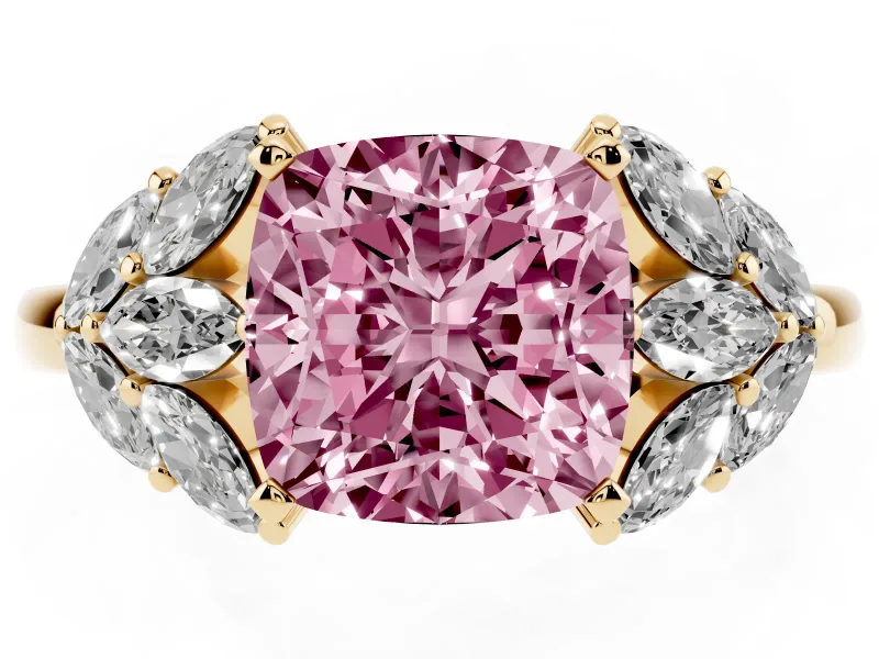 Cushion Cut Leaf Cluster Engagement Ring Setting for a Fancy Pink Lab-Grown Diamond | Yellow Gold