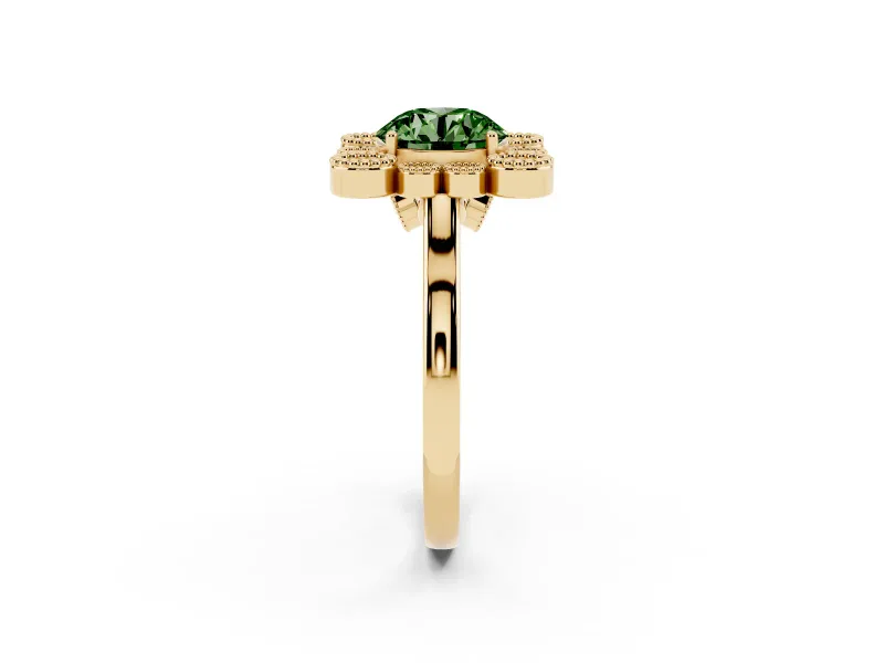 Round Milgrain Cluster Halo Engagement Ring Setting for a Fancy Green Lab-Grown Diamond | Plain Band | Yellow Gold